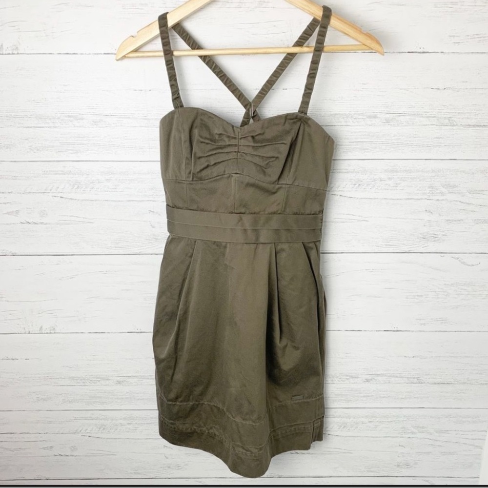 Aritzia Wilfred Cotton Sundress Olive Green Mini Pockets Crisscross Size 2
